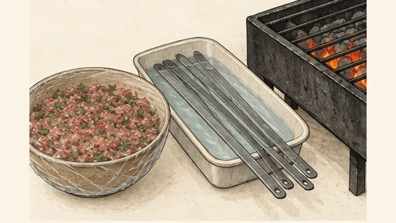 イラク風ラム・コフタ kebabの手順3「冷やして串を用意する」を示す調理イラスト。