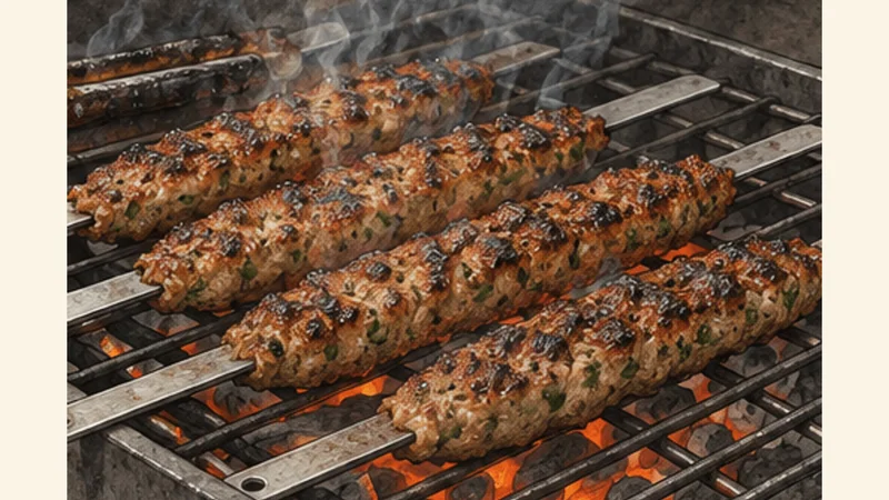 イラク風ラム・コフタ kebabの手順5「油を塗って焼く」を示す調理イラスト。