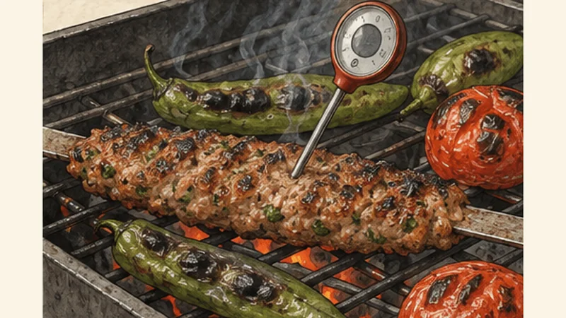 イラク風ラム・コフタ kebabの手順6「火の通りを確認して休ませる」を示す調理イラスト。