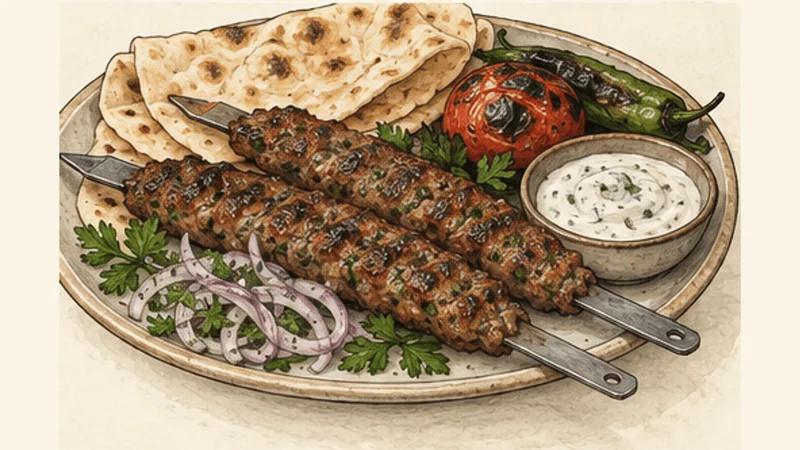 イラク風ラム・コフタ kebabの手順7「フラットブレッドとサラダを添える」を示す調理イラスト。