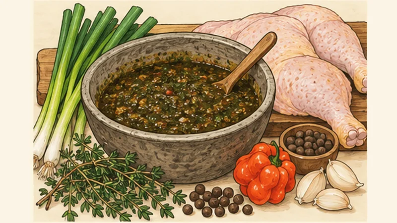 ภาพวาดการปรุงไก่เจิร์กจาเมกา ขั้นตอนที่ 1: ปั่นเครื่องหมักเจิร์ก
