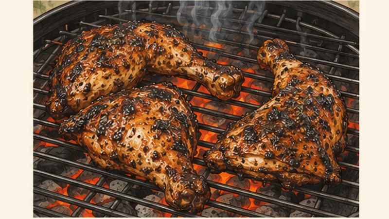 ภาพวาดการปรุงไก่เจิร์กจาเมกา ขั้นตอนที่ 4: ย่างไฟตรงให้ขึ้นสี