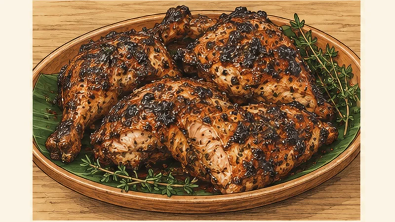 ภาพวาดการปรุงไก่เจิร์กจาเมกา ขั้นตอนที่ 5: ย่างไฟอ้อมให้สุก