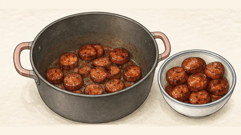 ภาพวาดการปรุงจัมบาลายา ขั้นตอนที่ 1: ย่างไส้กรอก