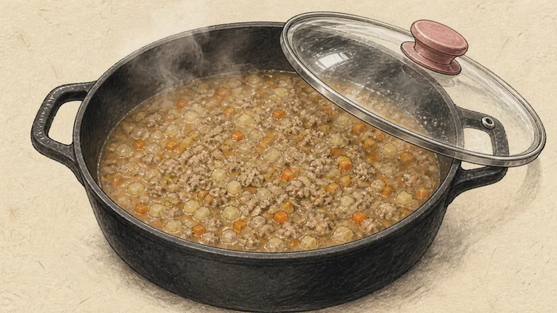 ภาพวาดการปรุงข้าวแกงกะหรี่ไก่ญี่ปุ่น ขั้นตอนที่ 5: เคี่ยวผัก