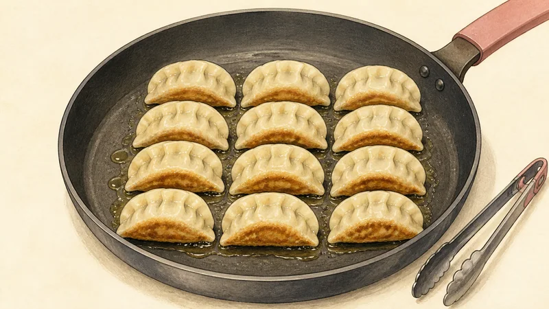 Japanese pork gyoza, step 5: Pan-fry the first 12.