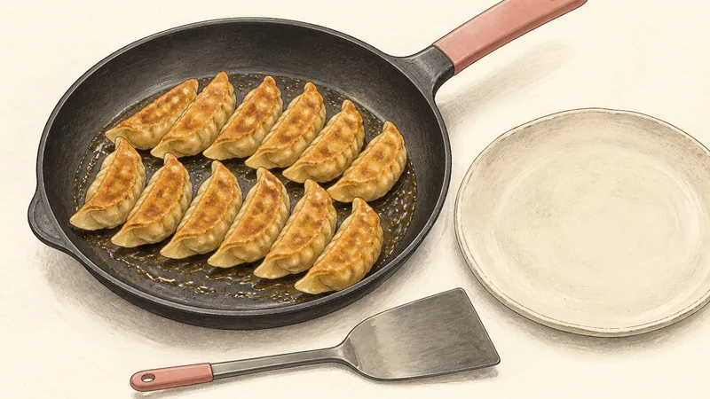 Japanese pork gyoza, step 7: Dry and crisp the first batch.