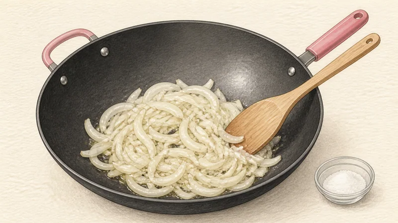 野菜チャプチェの手順6「玉ねぎを炒める」を示す調理イラスト。