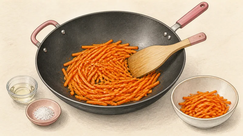 野菜チャプチェの手順7「にんじんを炒める」を示す調理イラスト。