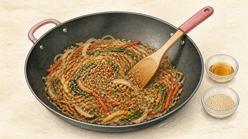 野菜チャプチェの手順12「ごまで仕上げる」を示す調理イラスト。