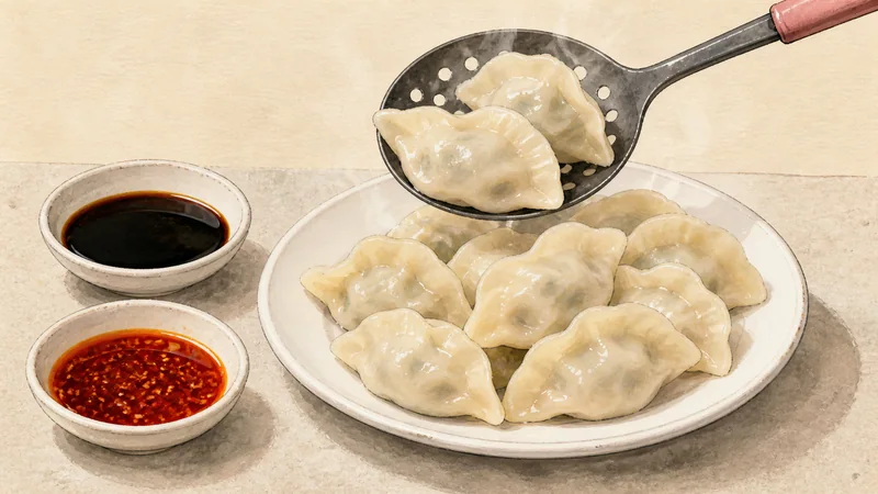 Northern Chinese pork-and-cabbage jiaozi, step 6: Lift and serve boiled jiaozi.
