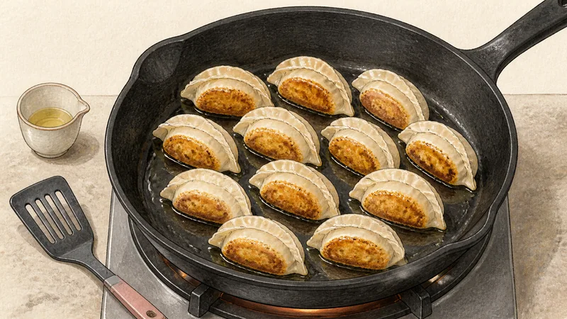 Northern Chinese pork-and-cabbage jiaozi, step 7: Optional pan-fry batch.