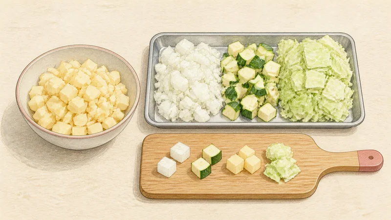 チャジャンミョンの手順2「野菜を同じ大きさに切る」を示す調理イラスト。