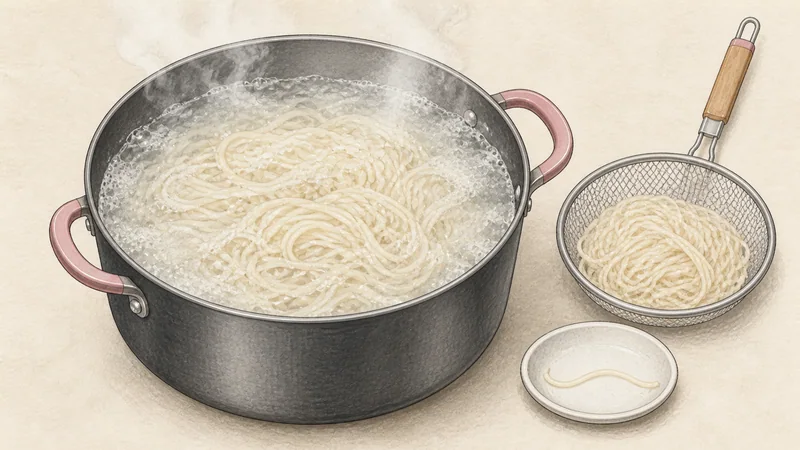 チャジャンミョンの手順8「生麺をゆでる」を示す調理イラスト。