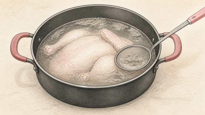ภาพวาดการปรุงคัลกุกซูไก่ ขั้นตอนที่ 4: เริ่มน้ำซุปไก่จากน้ำเย็น