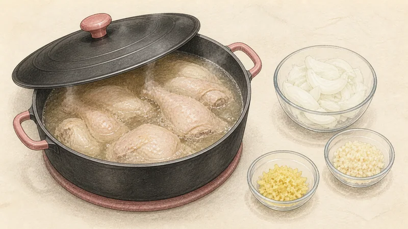 ภาพวาดการปรุงคัลกุกซูไก่ ขั้นตอนที่ 5: ต้มกับเครื่องหอม