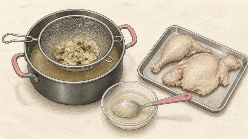 ภาพวาดการปรุงคัลกุกซูไก่ ขั้นตอนที่ 6: กรองและช้อนไขมัน