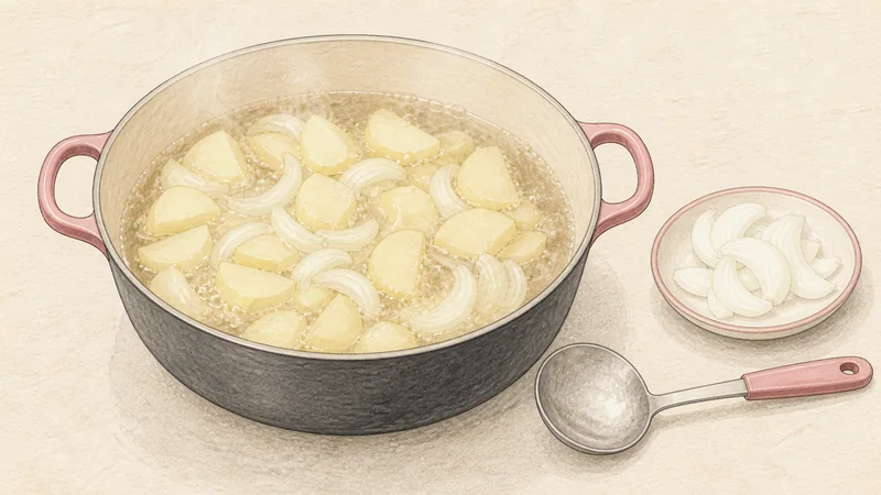 ภาพวาดการปรุงคัลกุกซูไก่ ขั้นตอนที่ 10: เริ่มมันกับหอมในน้ำซุป