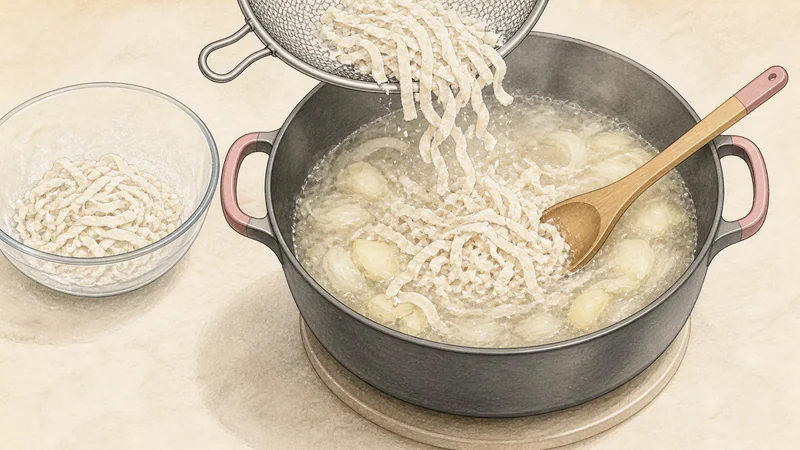 ภาพวาดการปรุงคัลกุกซูไก่ ขั้นตอนที่ 11: สะบัดแป้งแล้วใส่เส้น