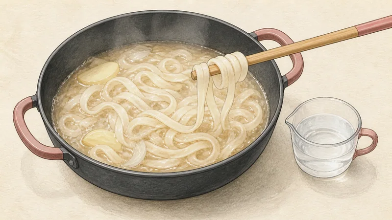 ภาพวาดการปรุงคัลกุกซูไก่ ขั้นตอนที่ 12: ต้มเส้นให้กลางเด้ง