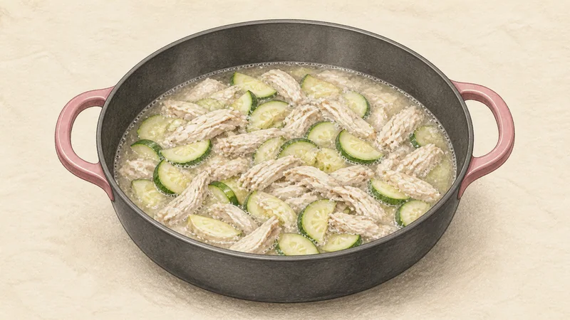 ภาพวาดการปรุงคัลกุกซูไก่ ขั้นตอนที่ 13: ใส่ซูกินีและไก่