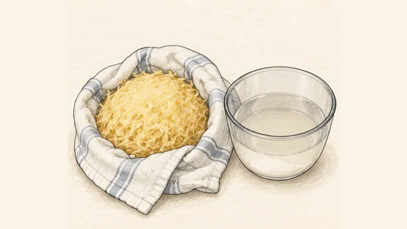 ภาพวาดการปรุงคาร์ทอฟเฟิลพุฟเฟอร์ ขั้นตอนที่ 2: บีบน้ำให้แห้ง