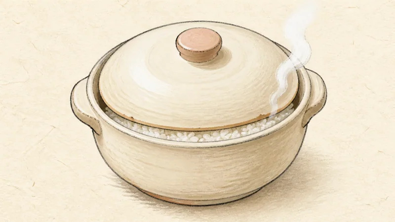 ภาพวาดการปรุงคัตสึด้ง ขั้นตอนที่ 1: หุงและรักษาข้าวให้ร้อน