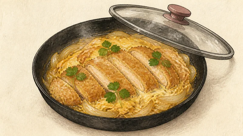 ภาพวาดการปรุงคัตสึด้ง ขั้นตอนที่ 7: ราดไข่ให้เซ็ต