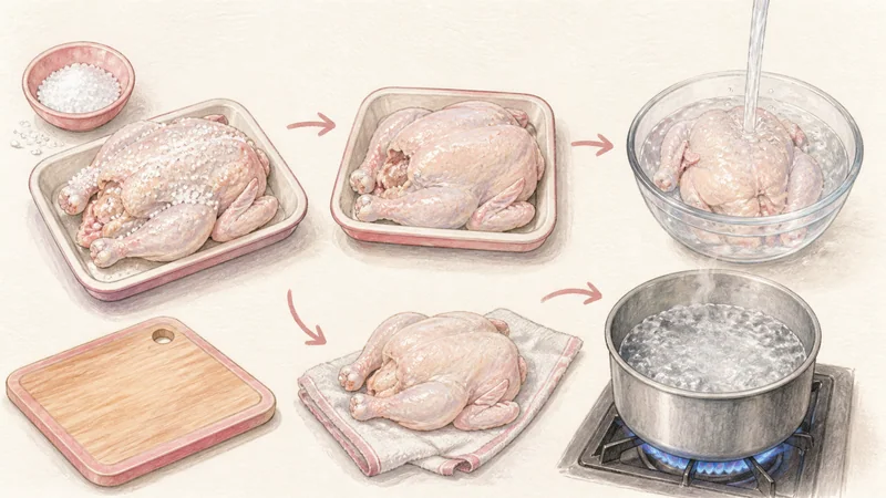 ภาพวาดการปรุงข้าวมันไก่ ขั้นตอนที่ 1: ทาเกลือและพักไก่