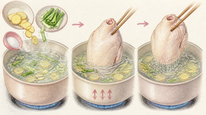 ภาพวาดการปรุงข้าวมันไก่ ขั้นตอนที่ 2: หย่อนไก่ลงน้ำปรุง