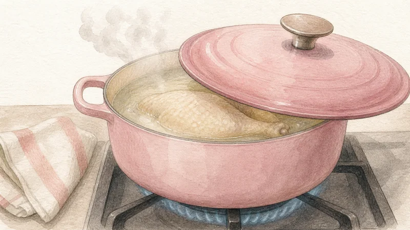 ภาพวาดการปรุงข้าวมันไก่ ขั้นตอนที่ 3: ต้มไก่ต่ำกว่าจุดเดือด