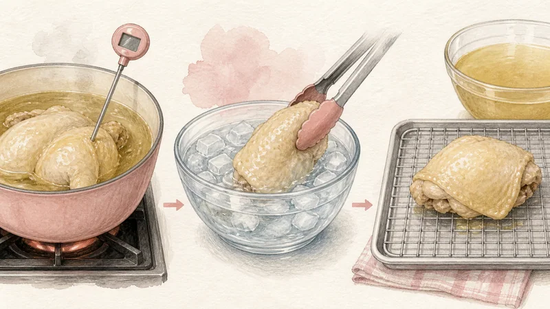 ภาพวาดการปรุงข้าวมันไก่ ขั้นตอนที่ 4: ตรวจสุกและกระชับหนัง