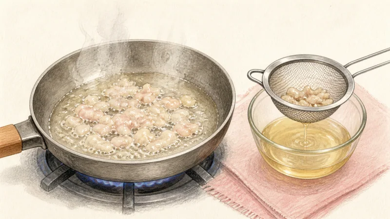 ภาพวาดการปรุงข้าวมันไก่ ขั้นตอนที่ 6: เจียวมันไก่