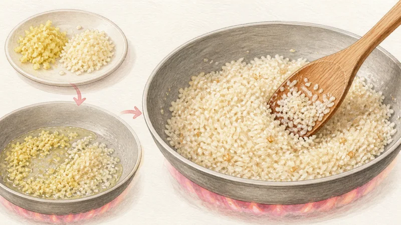 ภาพวาดการปรุงข้าวมันไก่ ขั้นตอนที่ 7: ผัดเครื่องข้าว