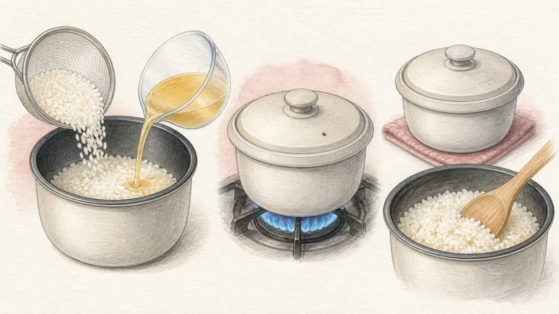 ภาพวาดการปรุงข้าวมันไก่ ขั้นตอนที่ 8: หุงข้าวมัน