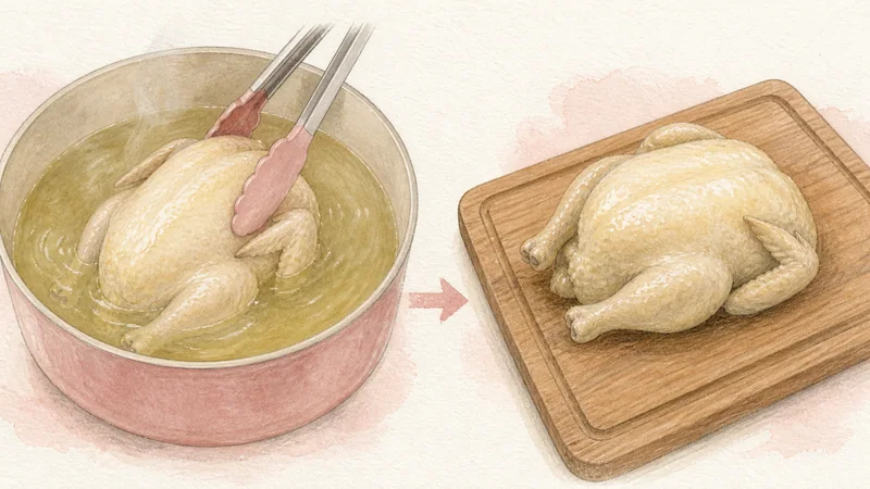 ภาพวาดการปรุงข้าวมันไก่ ขั้นตอนที่ 10: อุ่นไก่ทั้งตัว