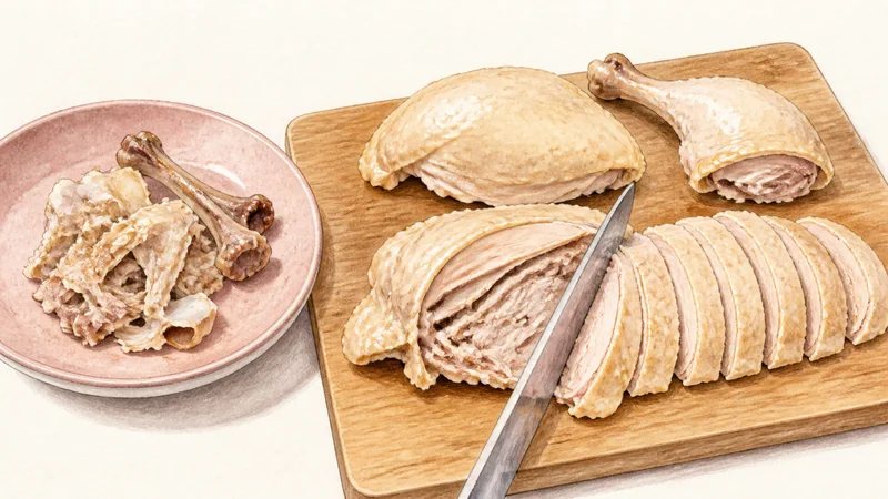 ภาพวาดการปรุงข้าวมันไก่ ขั้นตอนที่ 11: สับไก่บนพื้นที่สะอาด