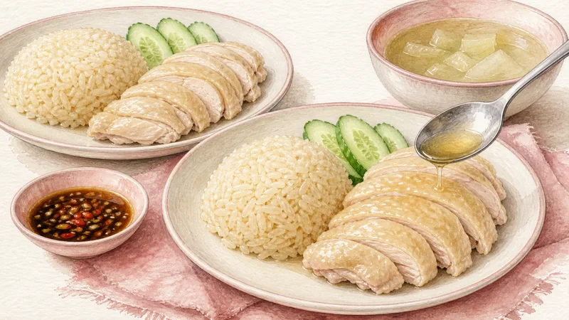 ภาพวาดการปรุงข้าวมันไก่ ขั้นตอนที่ 13: จัดชุดให้ครบ