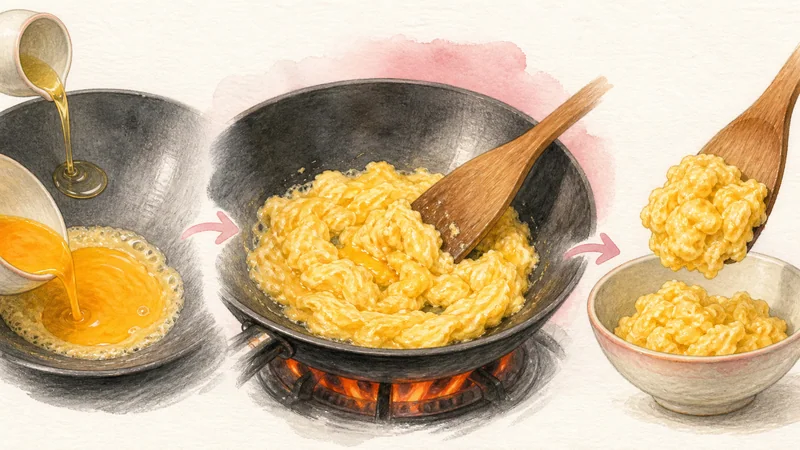 태국식 게살 볶음밥 3단계 '부드러운 달걀 익히기'를 보여 주는 조리 삽화.
