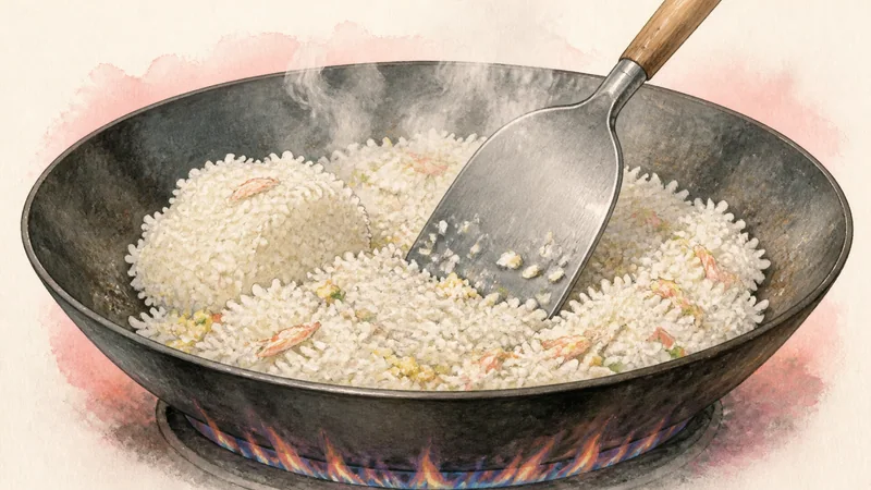 태국식 게살 볶음밥 5단계 '밥을 마르고 뜨겁게 볶기'를 보여 주는 조리 삽화.