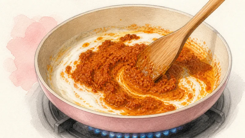 チェンマイ風鶏カオソーイの手順3「カレーの土台を炒める」を示す調理イラスト。