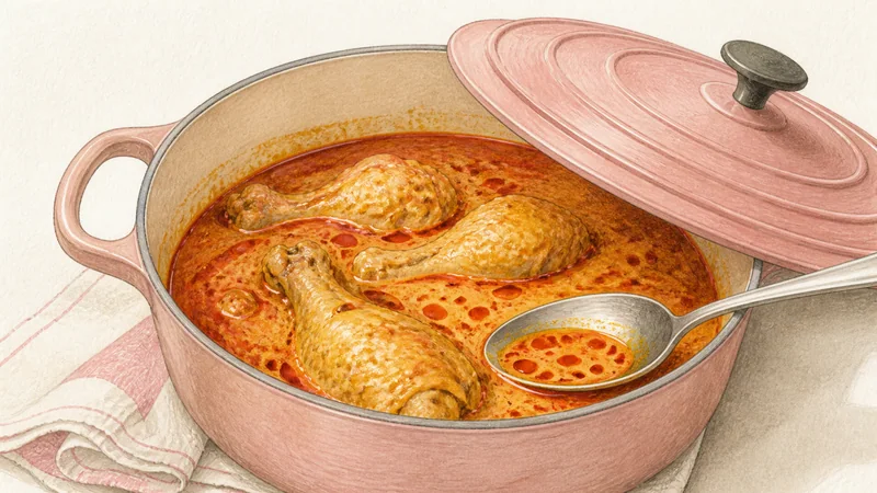 チェンマイ風鶏カオソーイの手順7「鶏をカレーで休ませる」を示す調理イラスト。