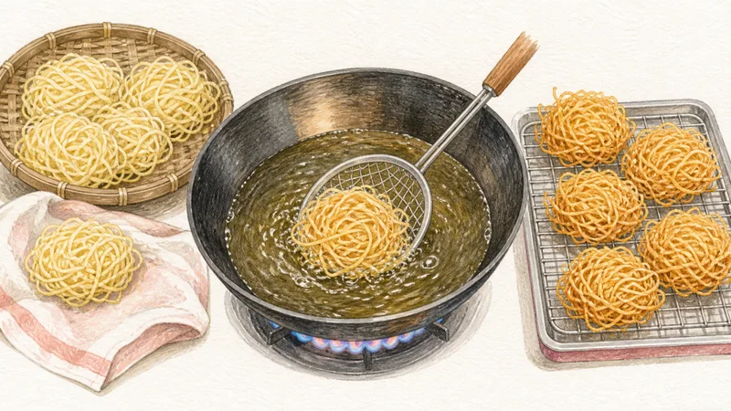 チェンマイ風鶏カオソーイの手順10「揚げ麺を作る」を示す調理イラスト。
