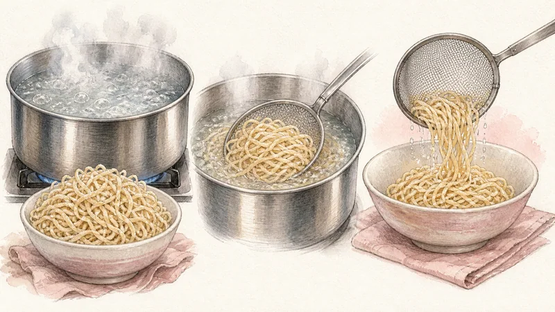 チェンマイ風鶏カオソーイの手順11「食べる麺をゆでる」を示す調理イラスト。