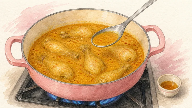 チェンマイ風鶏カオソーイの手順12「カレーを温め味を整える」を示す調理イラスト。