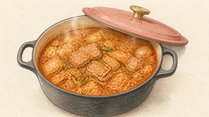 豚キムチチゲの手順5「豚肉が柔らかくなるまで煮る」を示す調理イラスト。