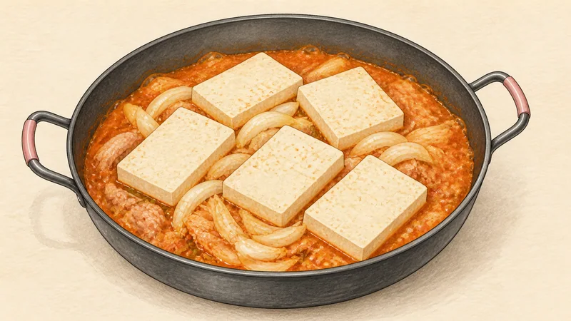 豚キムチチゲの手順6「玉ねぎと豆腐を煮る」を示す調理イラスト。