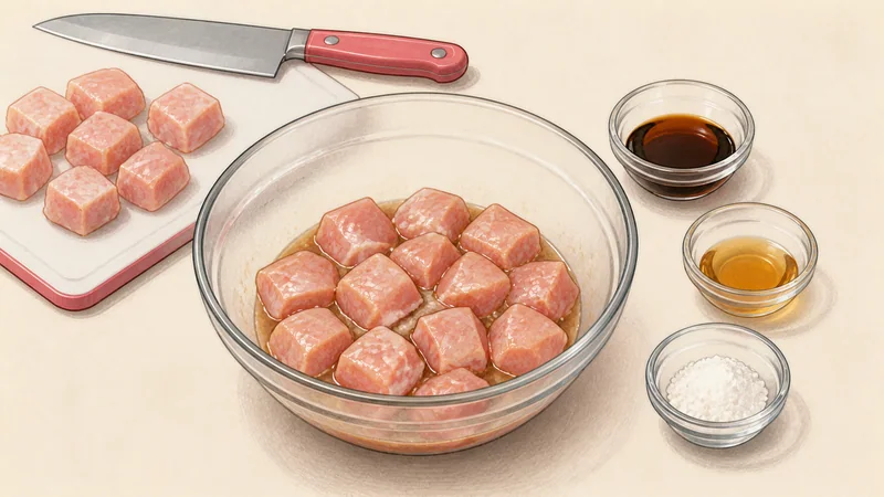 ภาพวาดการปรุงไก่ผัดกงเปา ขั้นตอนที่ 1: หั่นและหมักไก่