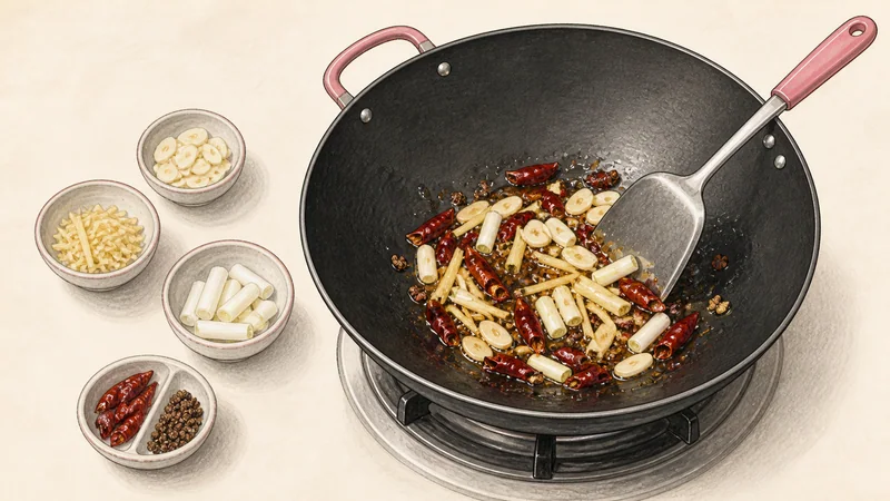 ภาพวาดการปรุงไก่ผัดกงเปา ขั้นตอนที่ 6: ผัดเครื่องหอม