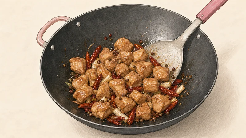 ภาพวาดการปรุงไก่ผัดกงเปา ขั้นตอนที่ 8: ใส่ไก่กลับ